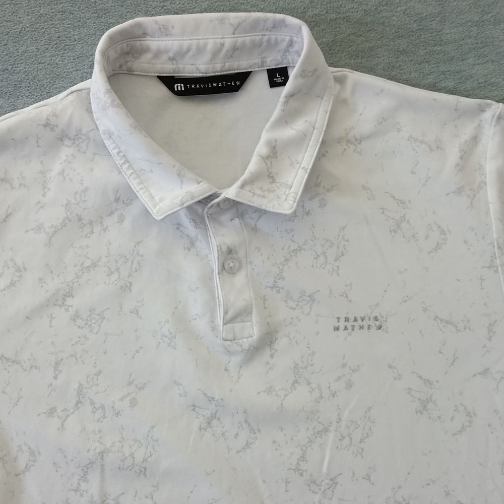 TravisMathew Mens Marble Print Polo Shirt White Grey Short Sleeve Size Large